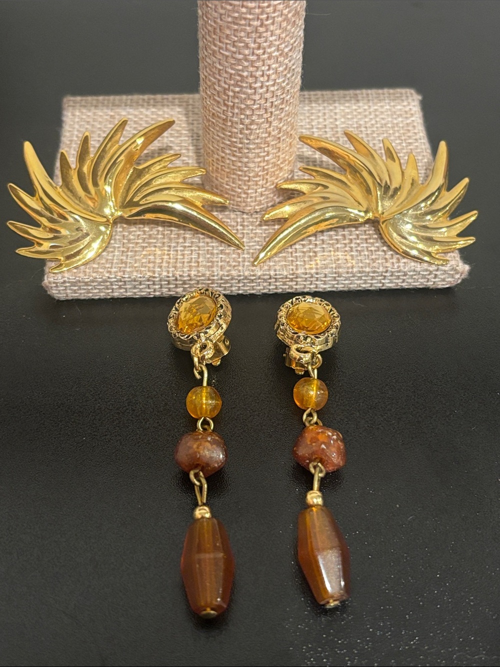Vintage Statement Earring Lot • Mid Century Gold Wings & Amber Beaded Drops